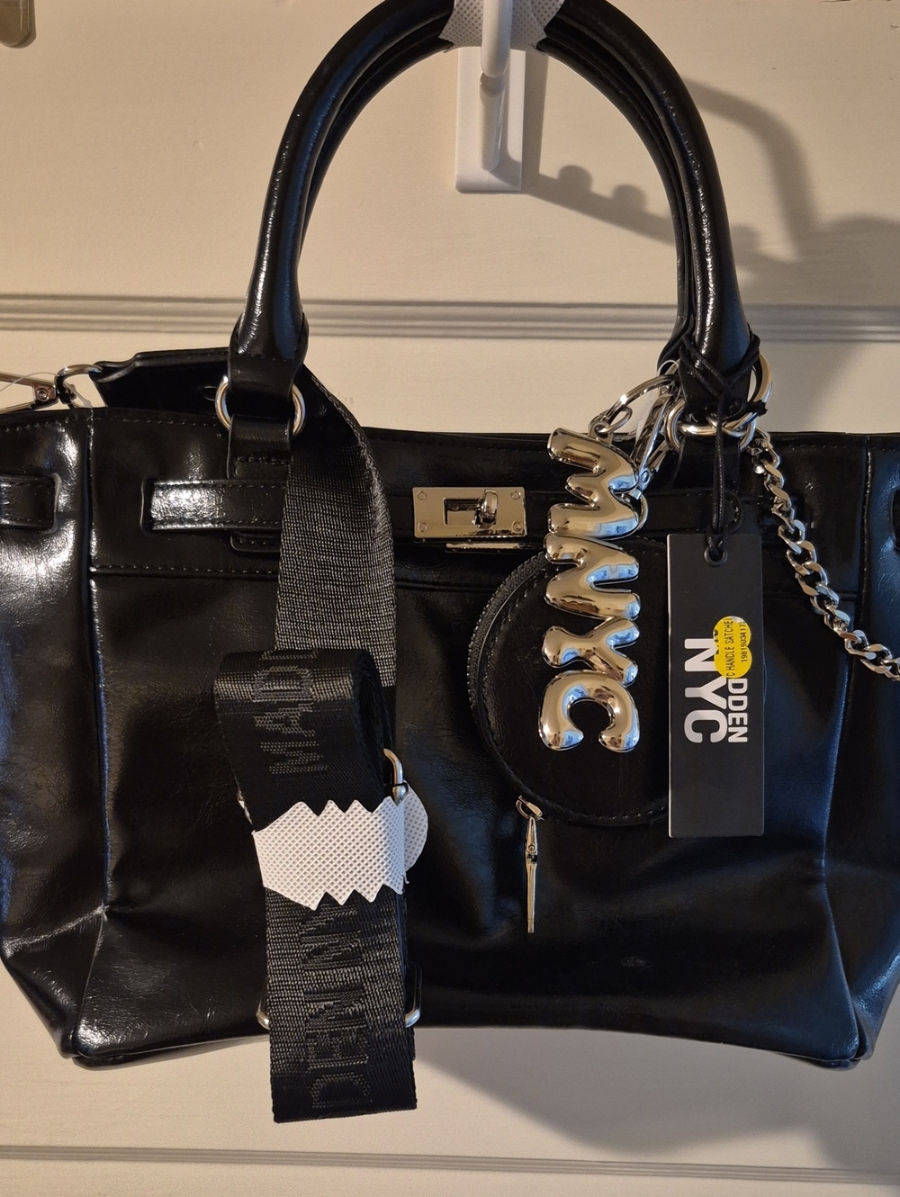 Black Women's Tote Bag with Silver Charm and Detachable Strap